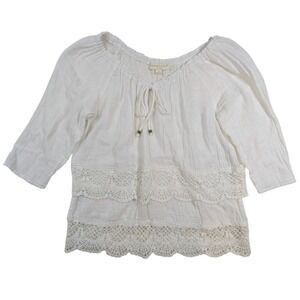 Crochet Lace Tiered Blouse – Women's‎ S White Tie Neck 3/4 Sleeve
